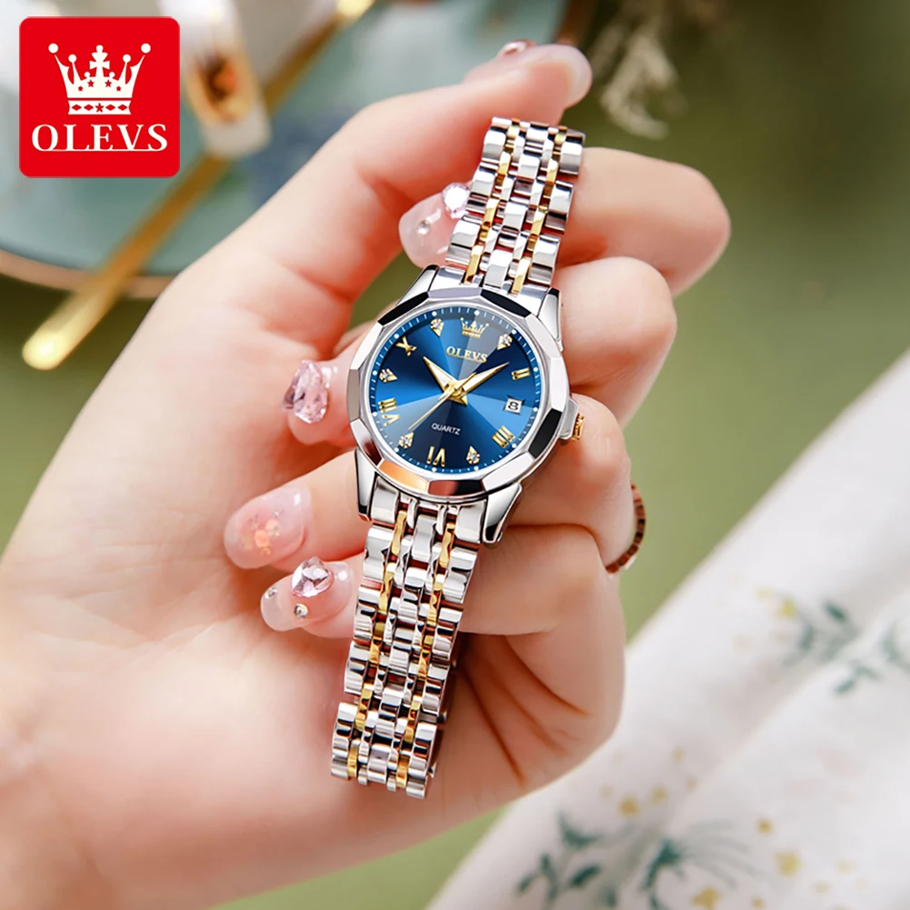 OLEVS-reloj de cuarzo para mujer, correa de acero inoxidable sólido, diseño de rombos, pulsera elegante, collar, conjunto de caja de regalo