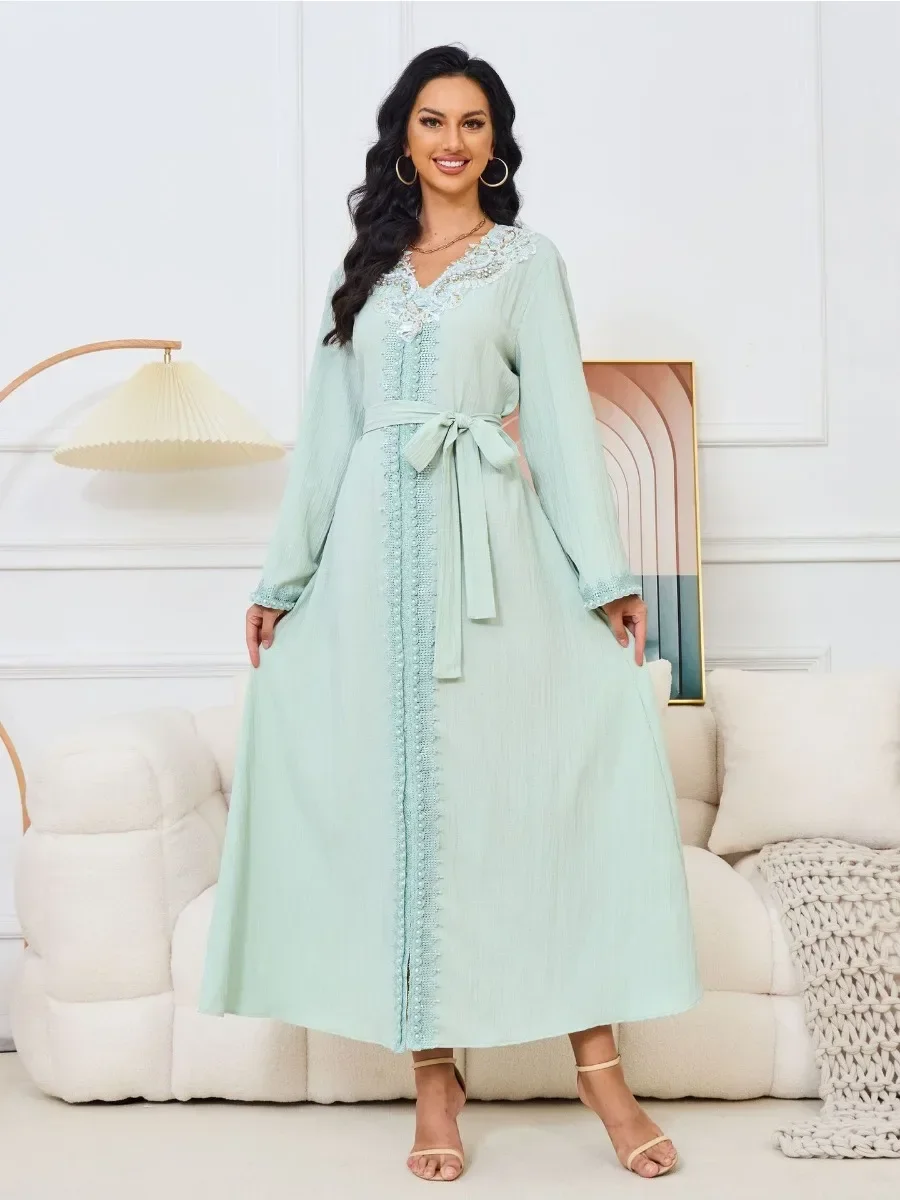 Eid V Neck Beading Dress for Women Muslim Party Abaya Embroidery Jalabiya Long Dresses Kaftan Vestidos Dubai Ramadan Gown Robe