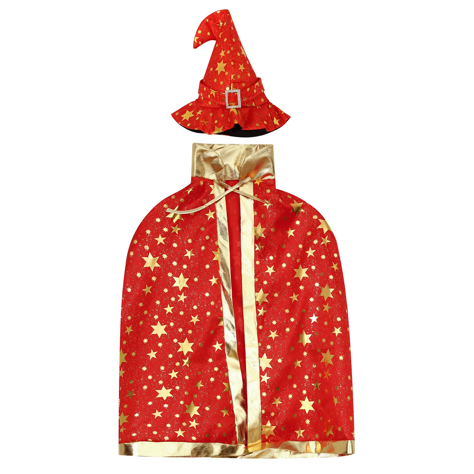 Kids Halloween Witch Cloak Theme Party Carnival Wizard Cosplay Performance Costume Prop Shiny Star Print Lace-Up Cape with Hat