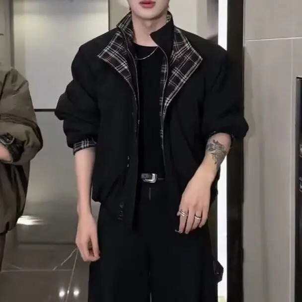 

Vintage Sle Men's ort Jaet Stand Collar Fake Two-Piece Baseball Coat Autumn Winter Large Size Youth Faion Polyester F...