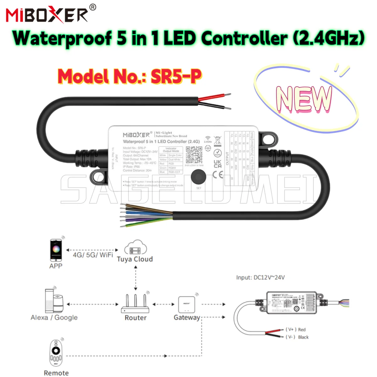 

Водонепроницаемый светодиодный контроллер Miboxer SR5-P с номиналом IP66 5-в-1, радиочастотное управление 2,4G для одиночных светодиодных лент DC12-24V/CCT/RGB/RGBW/RGB+CCT