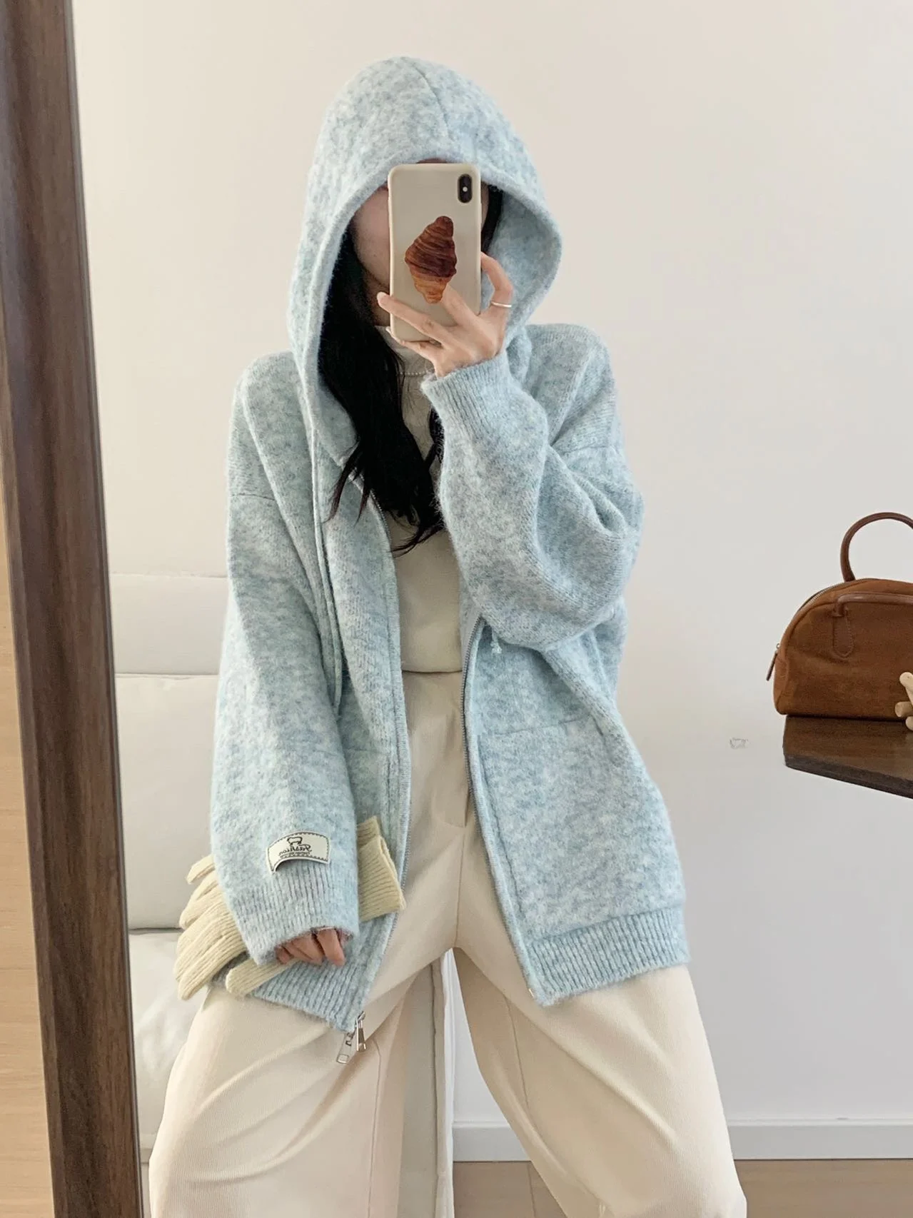 Laid-ba Sle Damen-Strickjacke mit Kapuze und Reißverschluss, verdickte Oberbekleidung, lässiger Freizeit-Mantel aus Kamelhaar