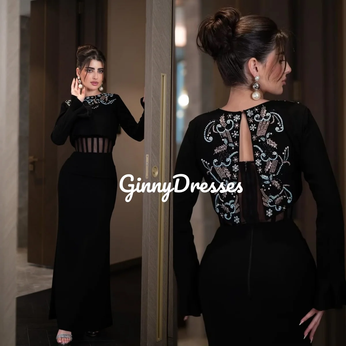 فساتين Fساتين مطرزة بطول الأرض مخصصة للعمود للمناسبات الخاصة بخط عنق سكوب وسحاب حتى فساتين بأكمام طويلة لـ Pr #1