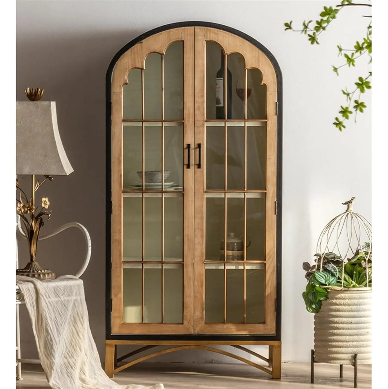 Bookshelf, Bookcase Solid Wood Floor-Standing Wabi-Sabi Style Bookshelf Glass Display Cabinet with Door Wall Storage Cabinet,Des