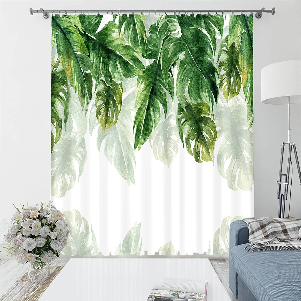 

3D Green Banana Leaf Butterfly Polyester Curtain, Tropical Plant, Natural Scenery, Shading, Bedroom, Living Room, Home Decor