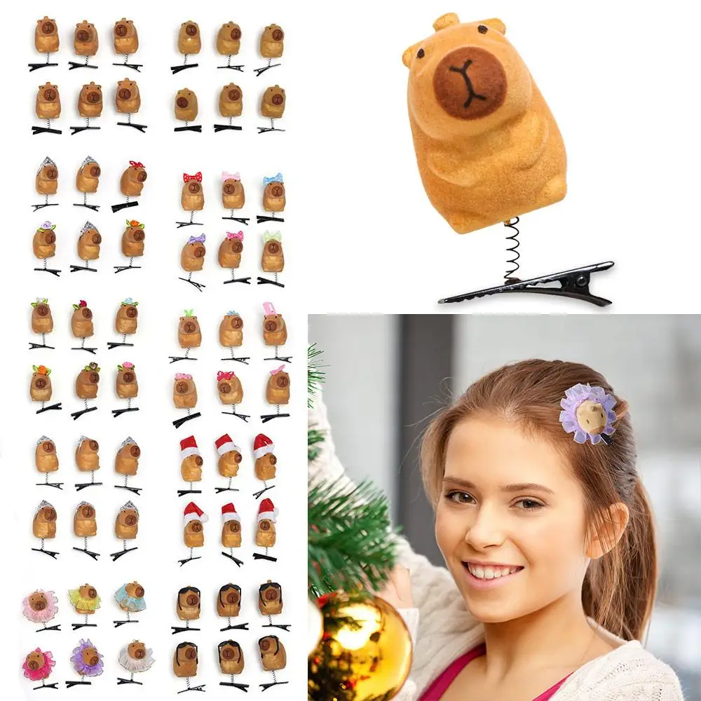 6pcs Cute Cartoon Capybara Spring Hair Clip 3D Plush Hairpin Kawaii Children Headwear Funny Hair Styling Tool