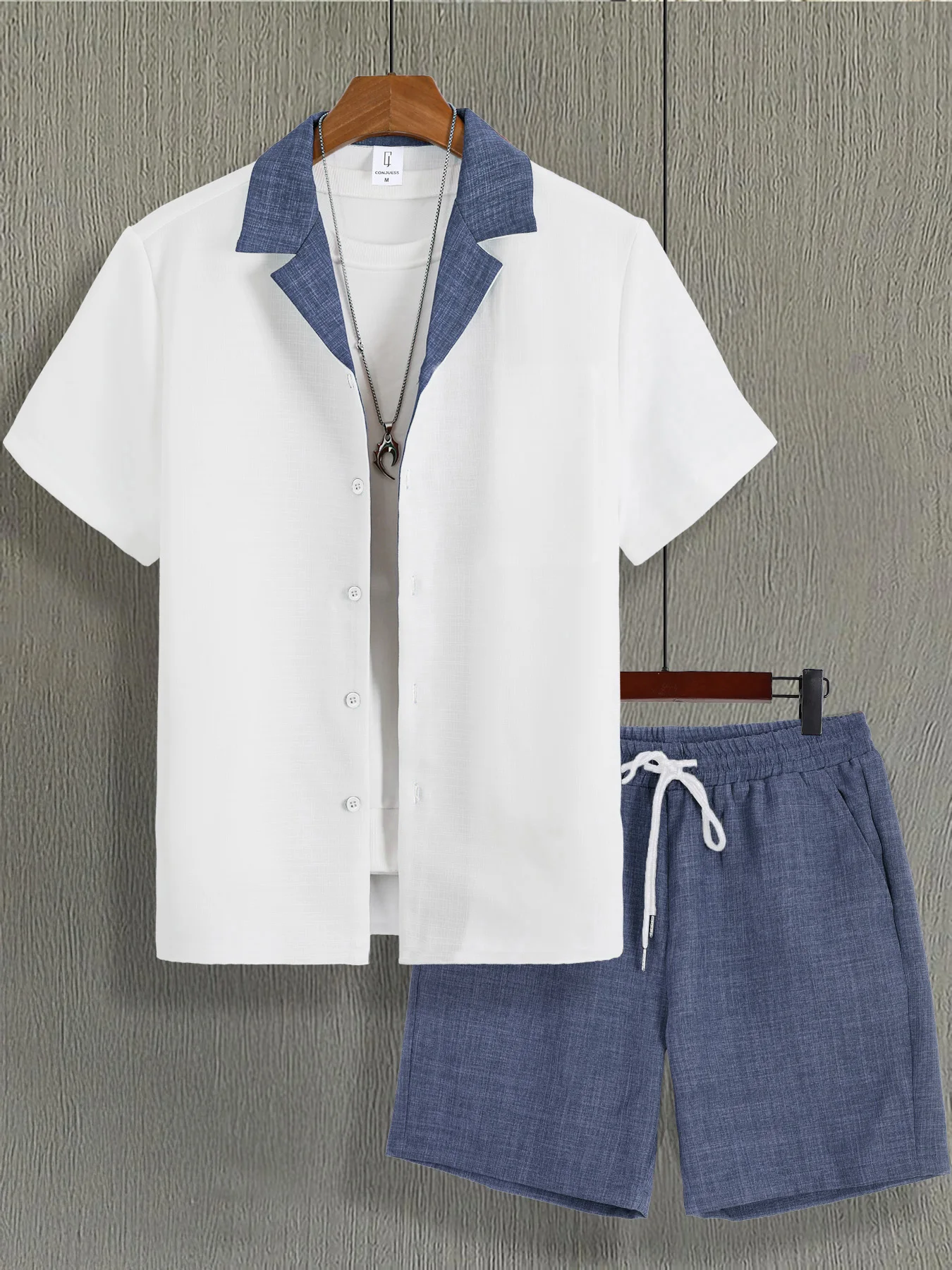 

White & Blue Color Block Collar Shirt Set, Men's Minimalist Casual Two-Piece