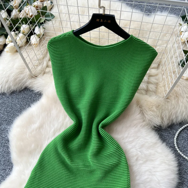 HKSH Spring Autumn New Women's Dress O-neck Sleeveless Knitted Patchwork Pleated Solid Color Elegant Trendy Long Dresses HK14805