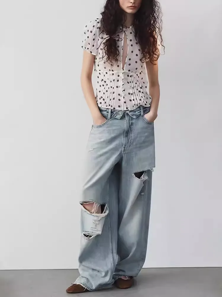 

Spring 2026 Women's Fashion Versatile Slimming Mid-Waist Casual Hole-Ripped Cuffed Denim Jeans High Waist Wide Leg Commute Style