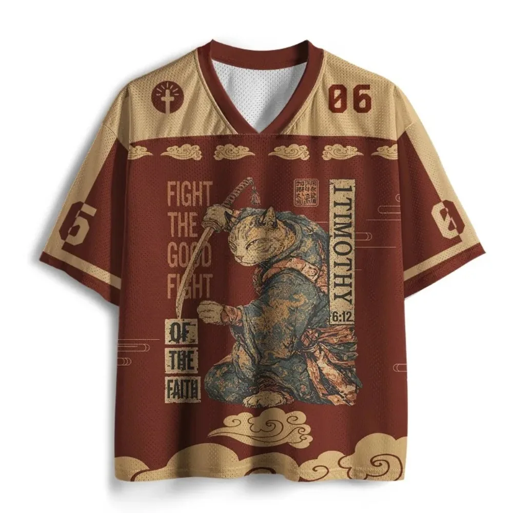 3D-Druck Herren V-Ausschnitt Locker Sitzendes Sport-Schnelltrocken-T-Shirt Sommer Neuer Stil Japanischer Katzenkrieger Lässiger Straßentrend. Eltern-Kind-Top – Detail 3