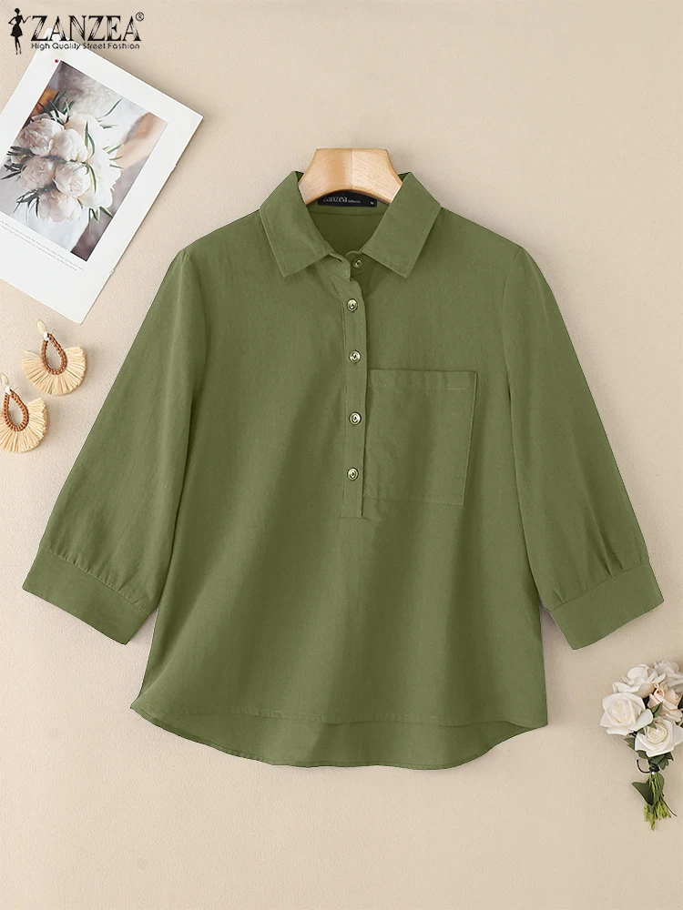 

ZANZEA 2022, осенние офисные блузки, женские хлопковые рубашки, винтажные топы с лацканами и рукавами 3/4, повседневные однотонные блузки, свободная сорочка
