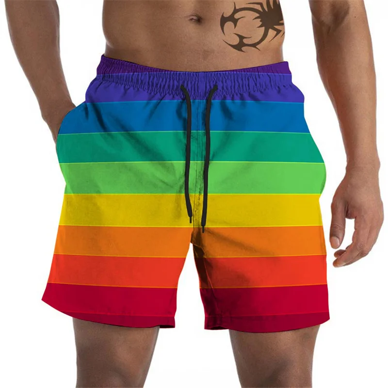 Rainbow Graphic Beach Shorts For Men Colorful 3D Printed Board Shorts Summer Sports Short Pants Loose Swim Trunks Streetwear