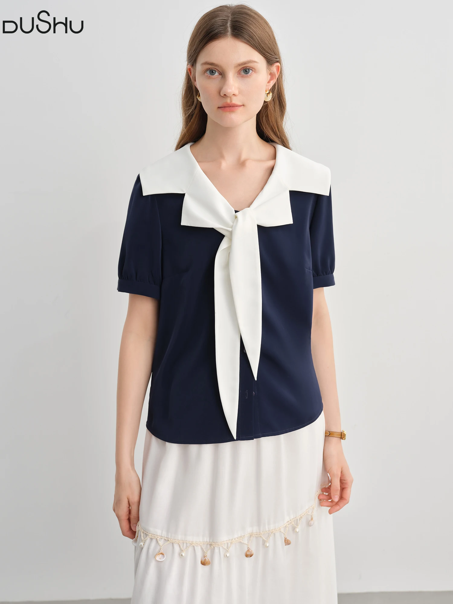 

DUSHU Plus Size Women's Nautical Style Navy Collar Contrast Shirt 2025 Summer New Slim All-match Short-sleeved Top 25DS82363
