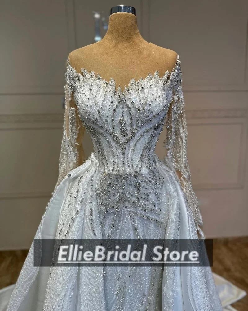 Elegant Mermaid Wedding Dresses With Detachable Train Luxurious Crystal Sequins Long Sleeves Bridal Gowns 2025 Female Customized
