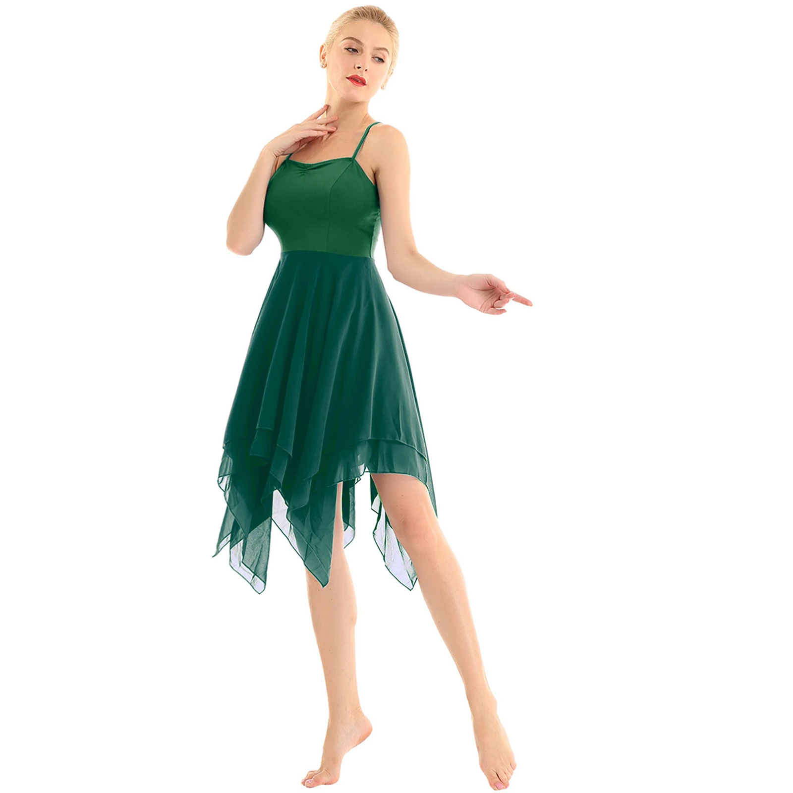 Womens Volwassen Ballet Figuur Schaatsen Dans Jurk Spaghetti Band Mouwloze Asymmetrische Chiffon Effen Kleur Hedendaagse Dancewear