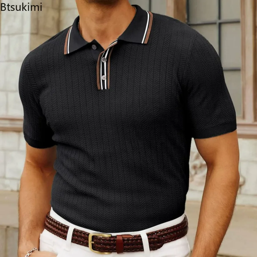 2025 Men's Striped Short Sleeve Knitted Shirts Summer New Comfy Breathable Casual Business Polo Shirts Men Golf Sport Loose Tops