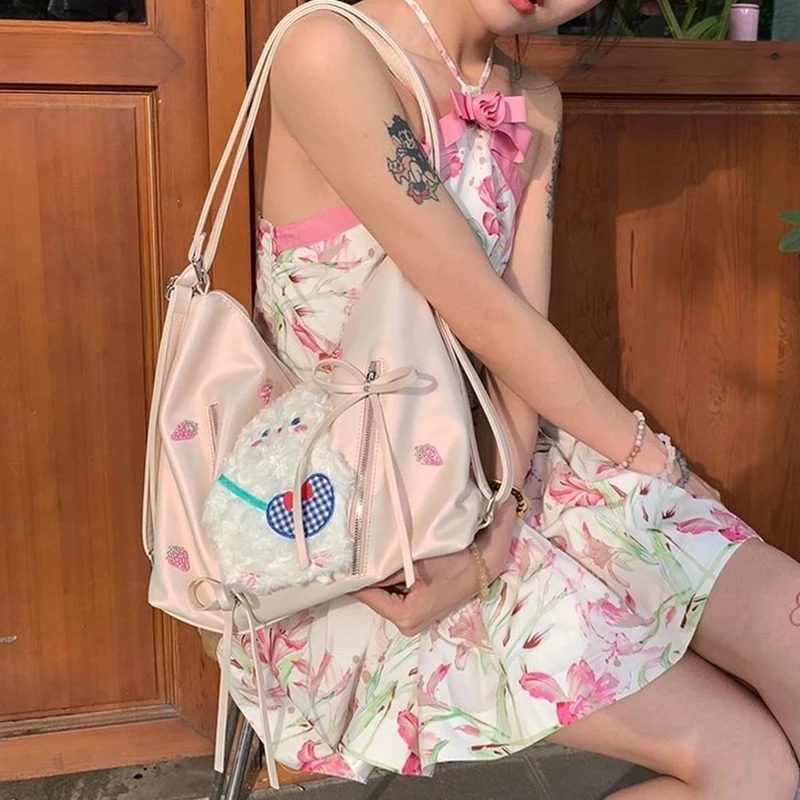 HAEX-PU Bolsas de ombro para mulheres, apliques de coelho dos desenhos animados, mochilas estéticas Harajuku, trajeto diário, Y2K, meninas, 2024