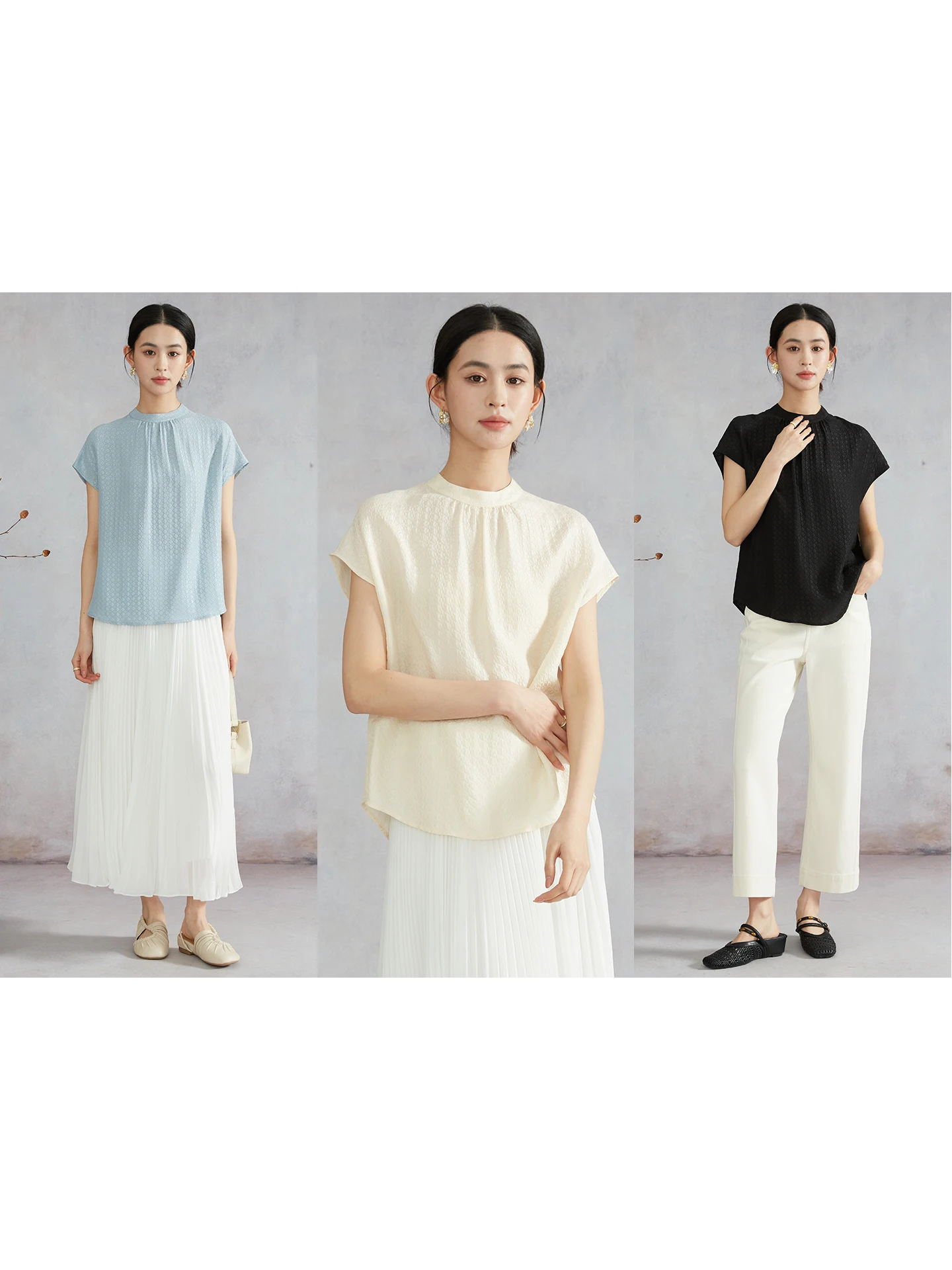 

Silk T-Shirt Women's Loose Commute round Neck Short Sleeve High-Definition 100 Silk Stand Collar Shoulder-Drop Top