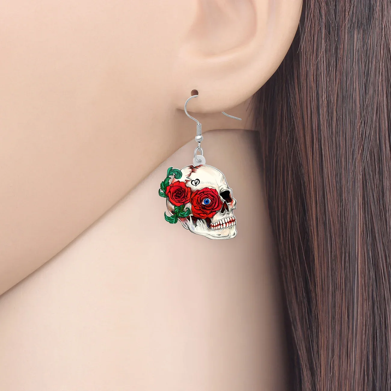 BONSNY Acrylic Rose Flower Terrible Sugar Skull Skeleton Halloween Drop Dangle Earrings Jewelry Charm Gifts For Women Girls Kid