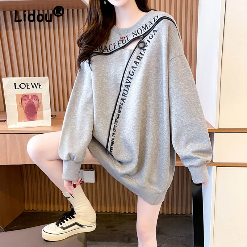 Letter Zipper Sexy Hollow Streetwear Harajuku Oversize Female Sweatshirt Autumn Fashion Casual Pullover Long Sleeve Top Clothing