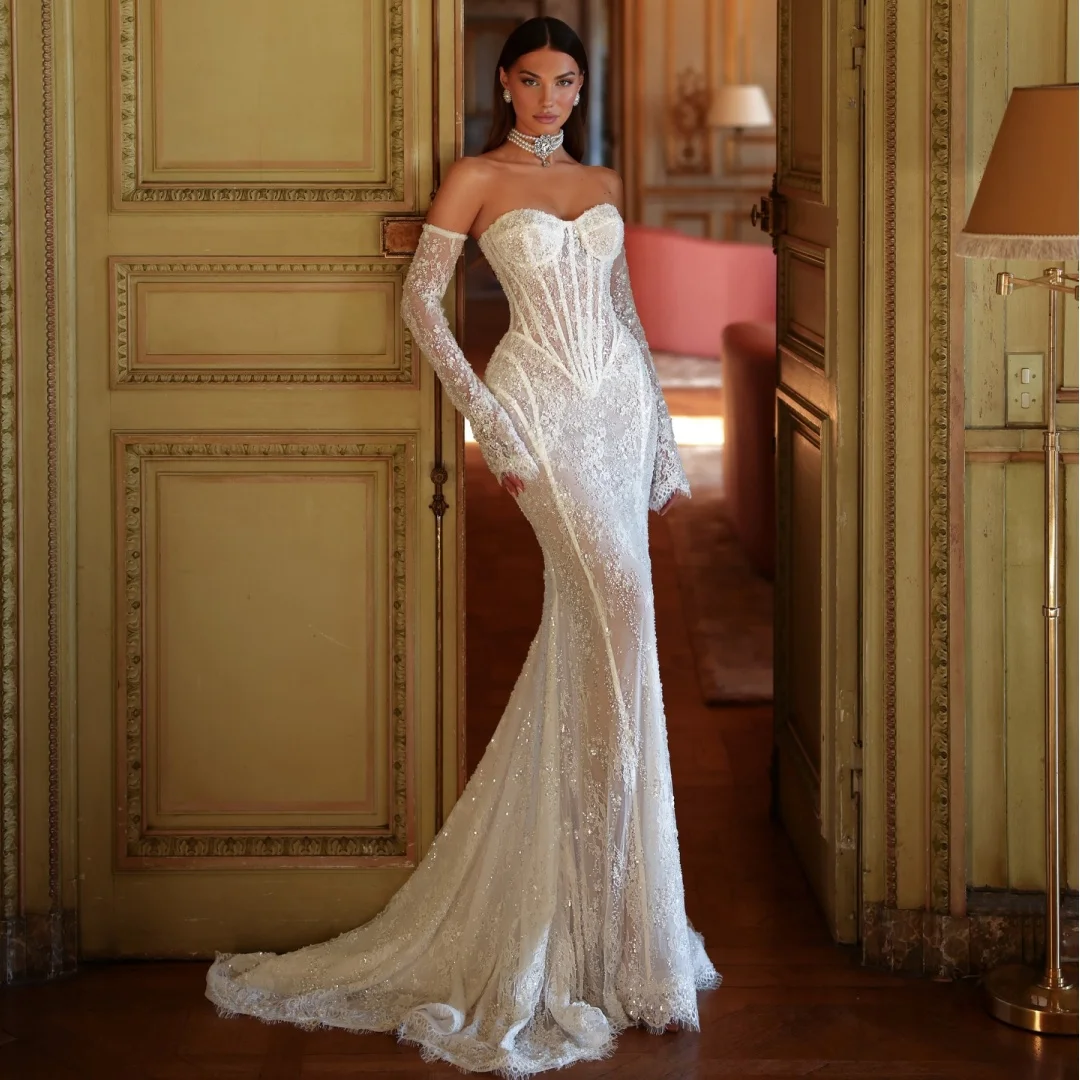 

Exquisite Mermaid Wedding Dresses Lace Sequins Sweetheart Corset Bridal Gown with Gloves Luxury robe de mariée Customized