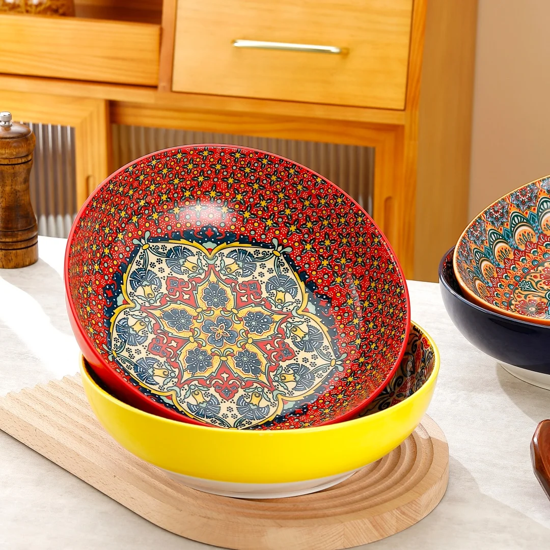 Bohemian Style Underglaze Ceramic Soup Bowl Large Capacity Salad Bowl for Party Camping