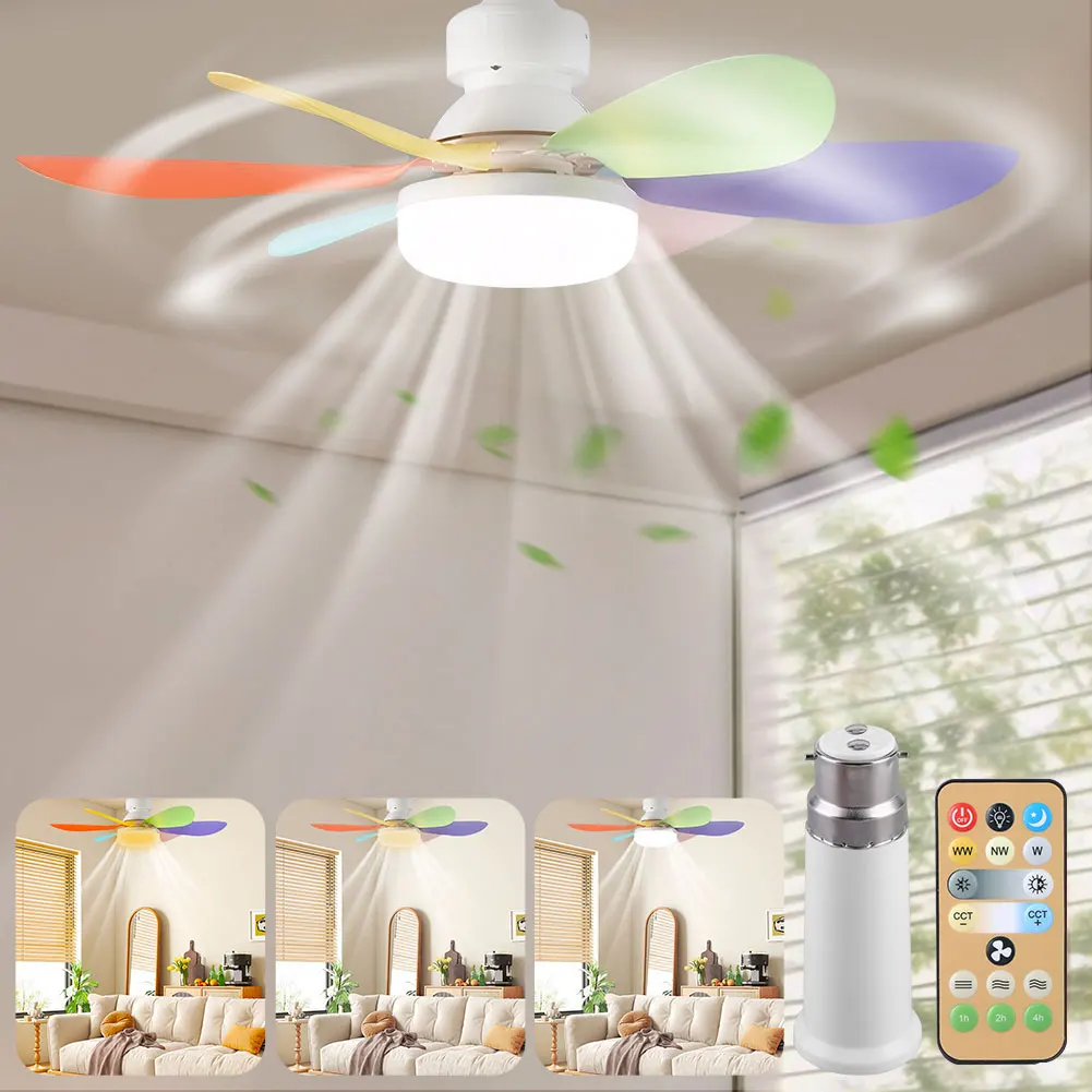 Ventilador de techo con tornillo de luz LED de 40/52cm con luz y control remoto, ventilador con enchufe E27 con LED para baño, dormitorio, cocina