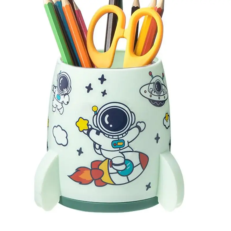 Rocket Pen Holder Makeup Brush Storage Box High Capacity Pencil Holder Aesthetic Pencil Cup Rocket Shape With Astronaut Sticker