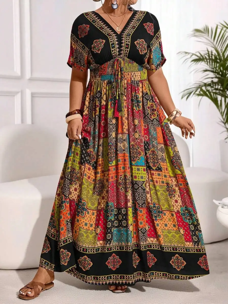 

Plus Size Patchwork Print Batwing Sleeve Maxi Dress With Fringe Detail