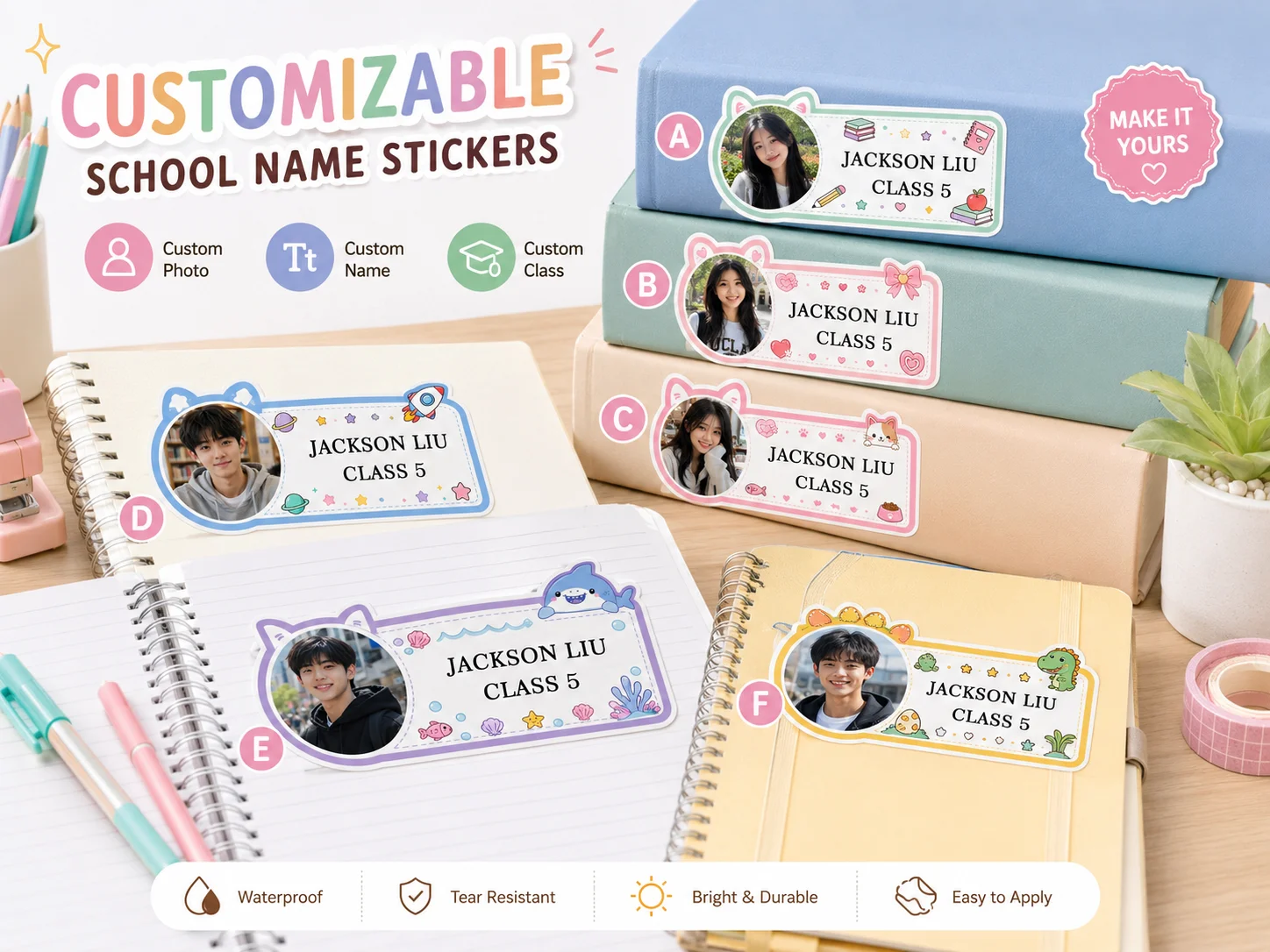 Custom photo name and class stickers, personalized student labels, suitable for books, notebooks, pencil cases, water bottles, lunch boxes, and school supplies