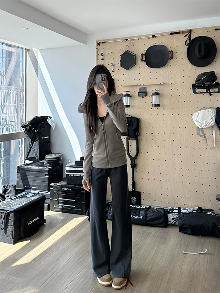 Hose mit hoher Taille, geradem Bein und weitem Bein, lässige Yoga-Fitnesshose für Damen, versteckte Tead-Sport-Freizeit-Baumwollmischung