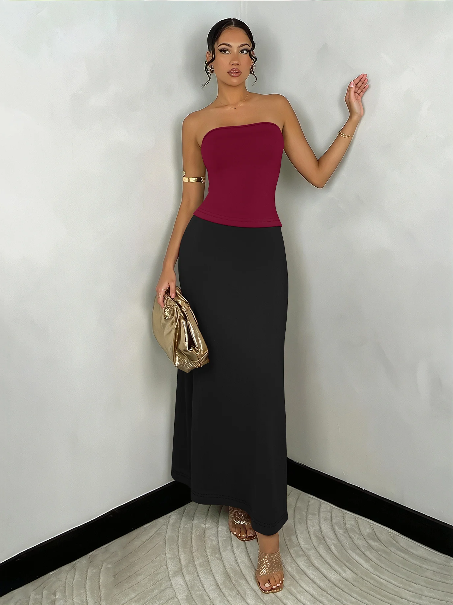 

Women's Soft Breathable Tube Top & Skirt Set Solid Color Slim Fit Elegant Casual Party Fashion Two Piece Outfit