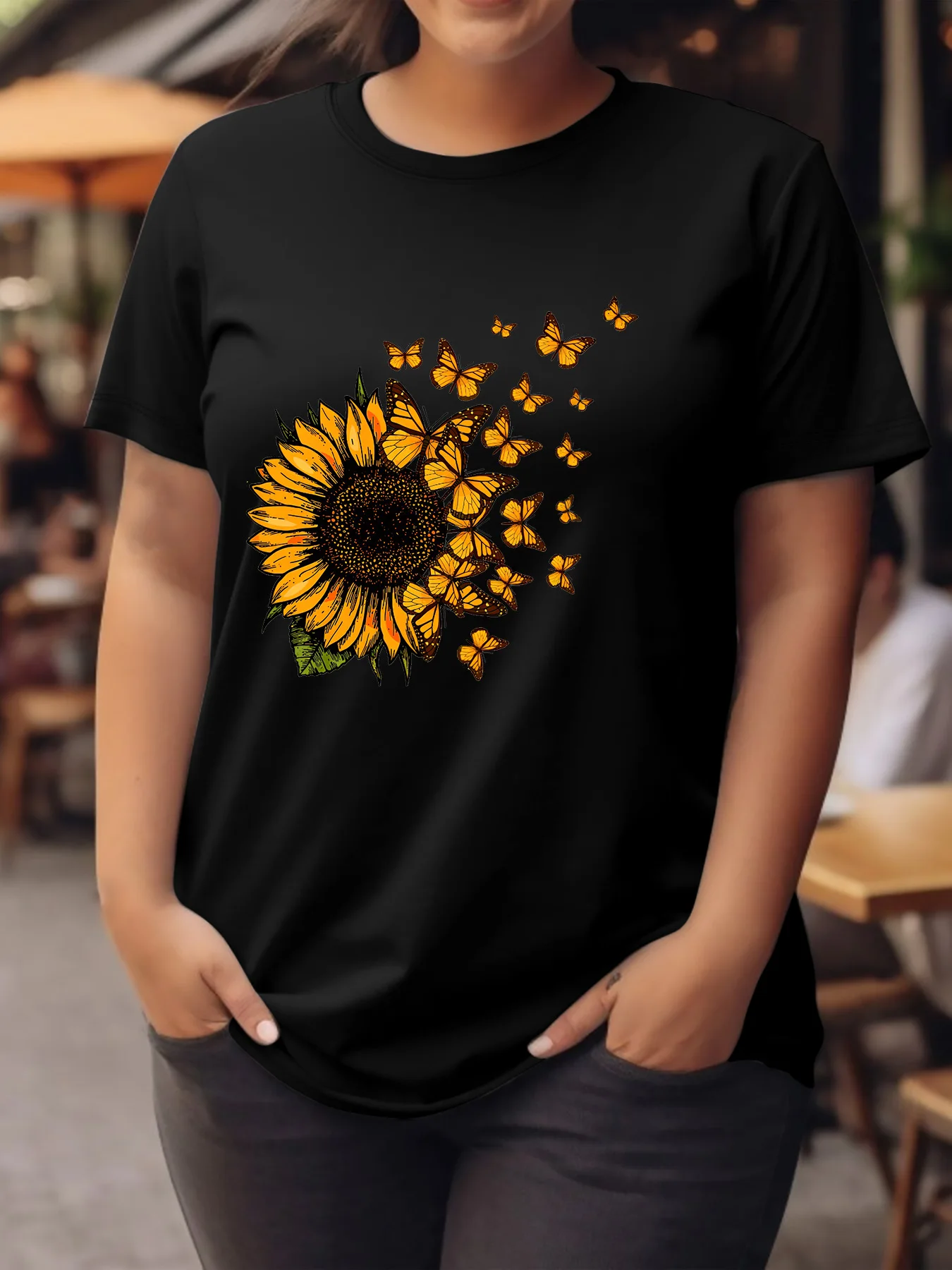 Plus size fashion casual Orange Sunflower Butterfly T-shirt Women Clothing Graphic T Shirt Vintage Unisex Casual Female Tops Tee