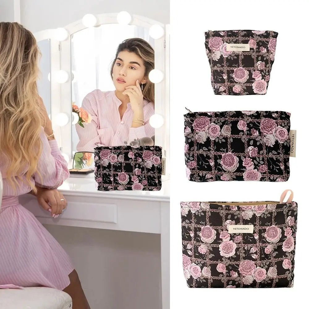 

High Quality 3D Relief Flower Makeup Bag Pink Rose Large Capacity Toiletries Bag Cosmetic Bag Travel Outdoor