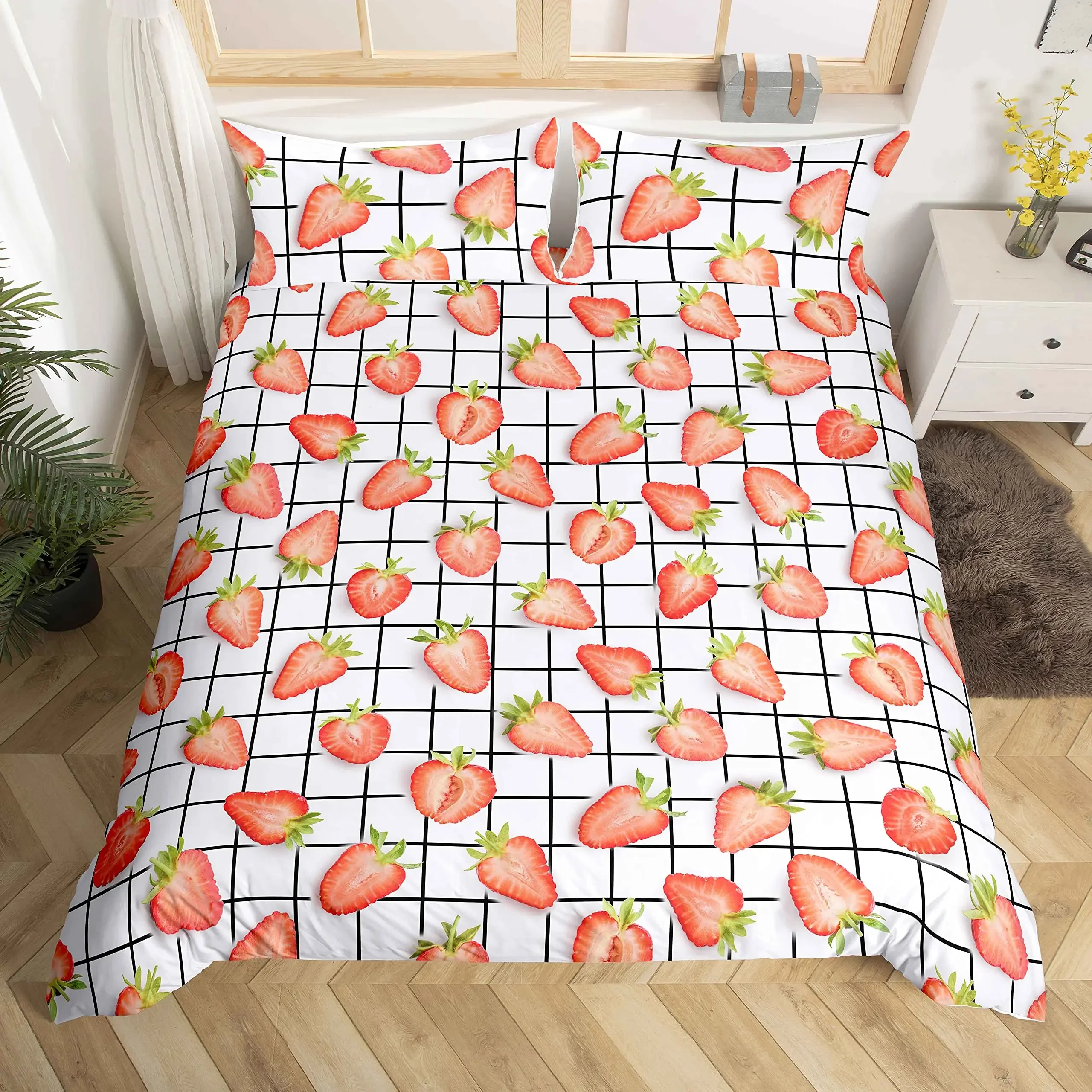 Strawberry Duvet Cover Set,Red Strawberry Bedding Set for Girls Cute Black White Geometric Plaid Grid Comforter Cover Full Size