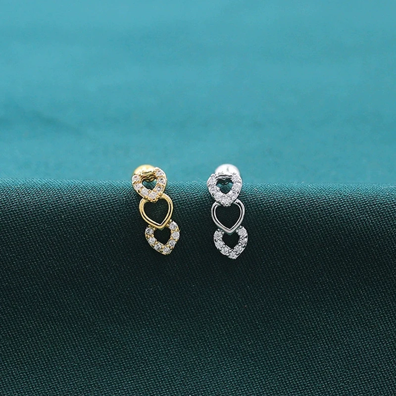 Simple Shiny Zircon Hollow Heart Ear Cartilage Piercing Earring Gold Color Steel Helix Screw Bar Stud Cuff Jewelry 1 PCS