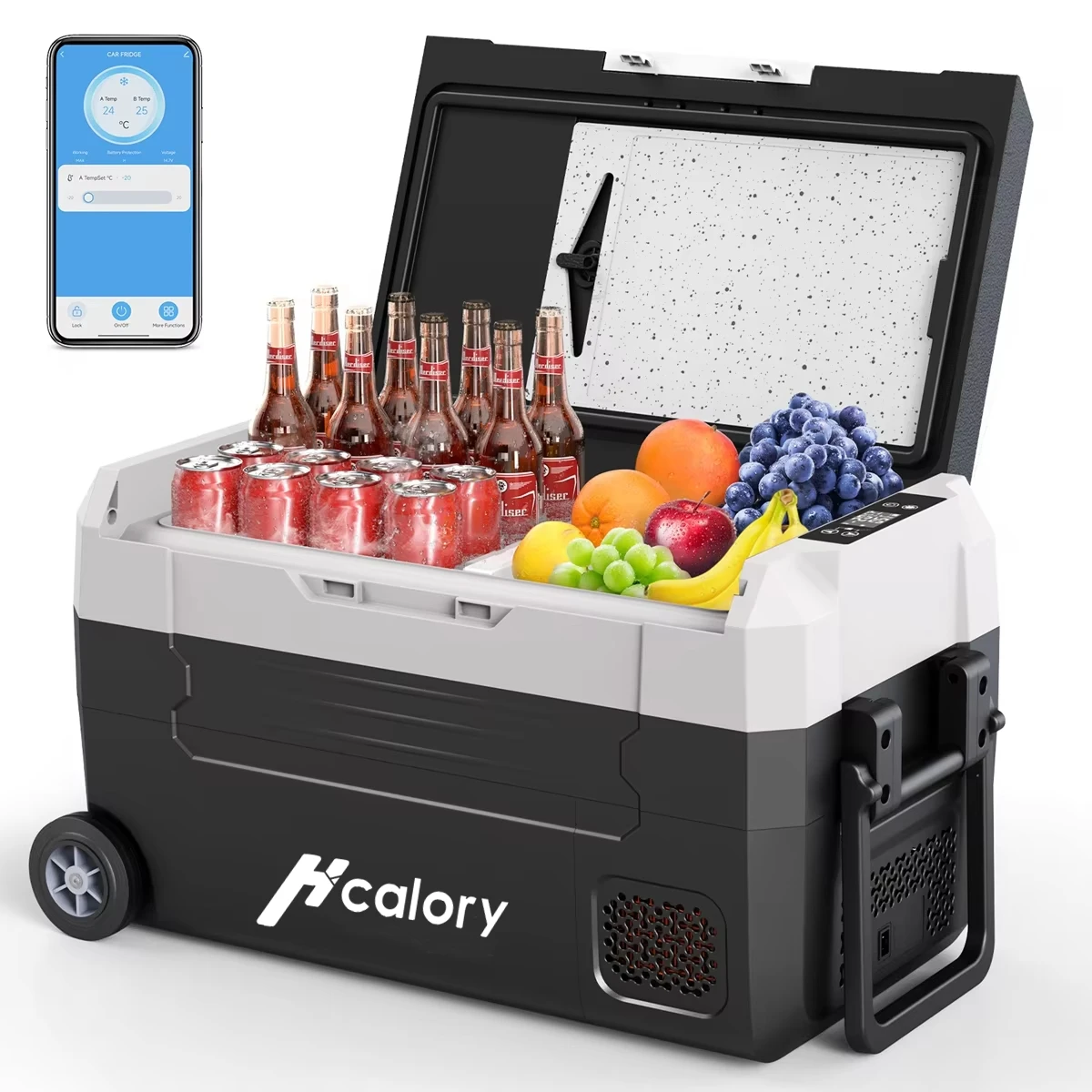Przenośna lodówka samochodowa Hcalory 35L 45L 55L z dwoma strefami chłodzenia, kółkami, sterowaniem przez aplikację Bluetooth, kompresorowa chłodziarka 12V 24V do kempingu i podróży.