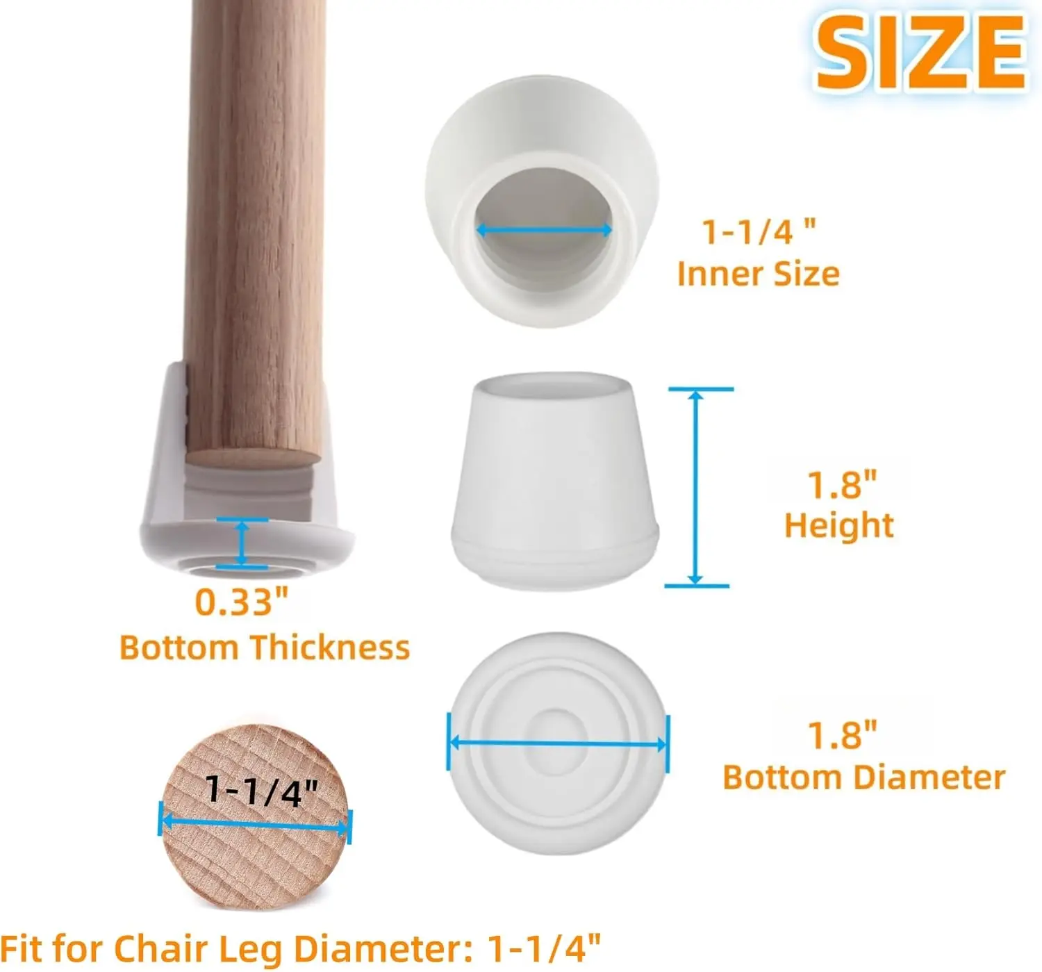 Chair Leg Tips Caps Non-Slip Rubber Leg Tips 1-1/4” Inner Diameter Chair Leg Floor Protectors Round White, 24 Pack