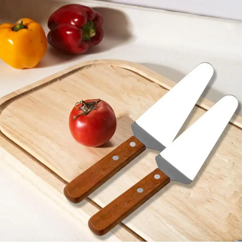 Stainless Steel Pizza Shovel Non-stick Pizza Paddle Spatula Wooden Handle Pizza Cheese Server Triangular Spade Cheese Shovel