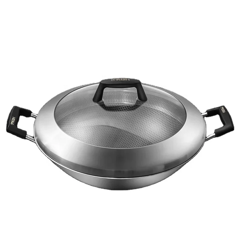 

Stainless steel kitchenware large capacity cookware Honeycomb non stick Wok Pan with Lid