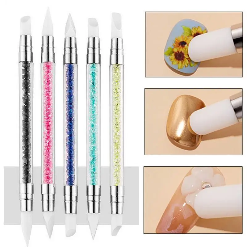 Dual-Ended Silicone Engraving Embossing Pen 3D Rhinestones Acrylic Nail Brushes For Mirror Glitter Powder Manicure Tools