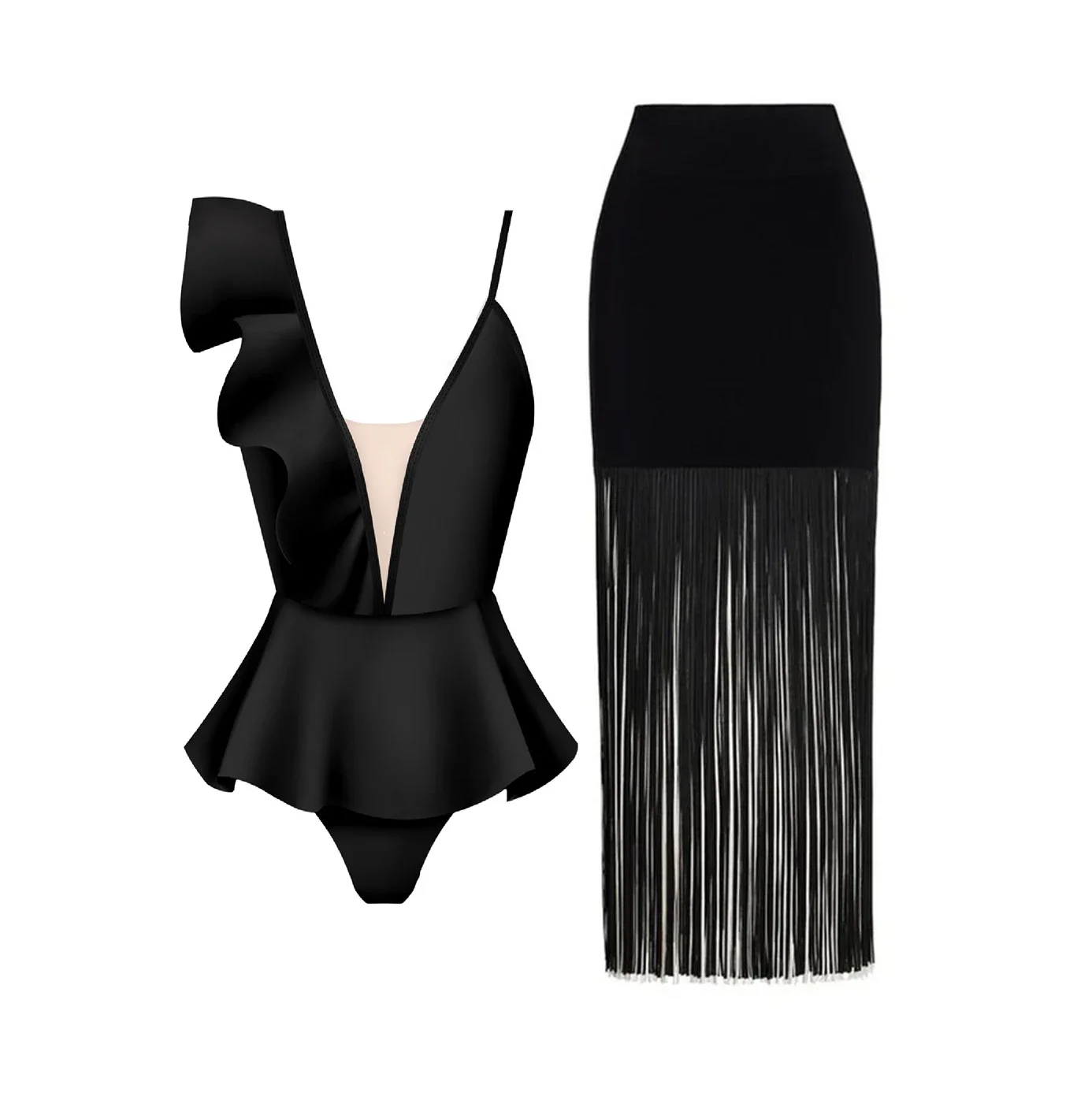 One Shoulder Ruffle Swimsuit With Cover Up Sexy Deep V Swimwear Women Floral Bikini Flat Belly Swimsuits Black Bathsuit Bodysuit