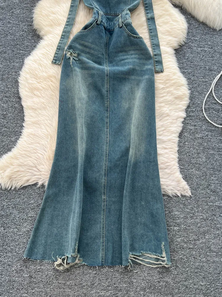 

Retro American Spicy Girl Denim Overalls Dr Women's Autumn Weathered Hole Ruffle Slimming Queen Long Skirt High Waist A-Line