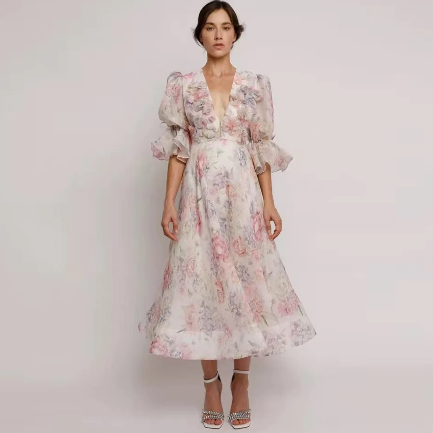 春夏新作セクシーVネックバブルスリーブ3D花柄ウエストシェイプマキシ丈ミディ丈ポリエステル繊維レディースドレス