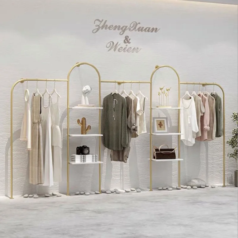 

Custom, Boutique Multilayer Wall Mounted Garment Shelf Gold Metal Clothing Display Hanging Racks