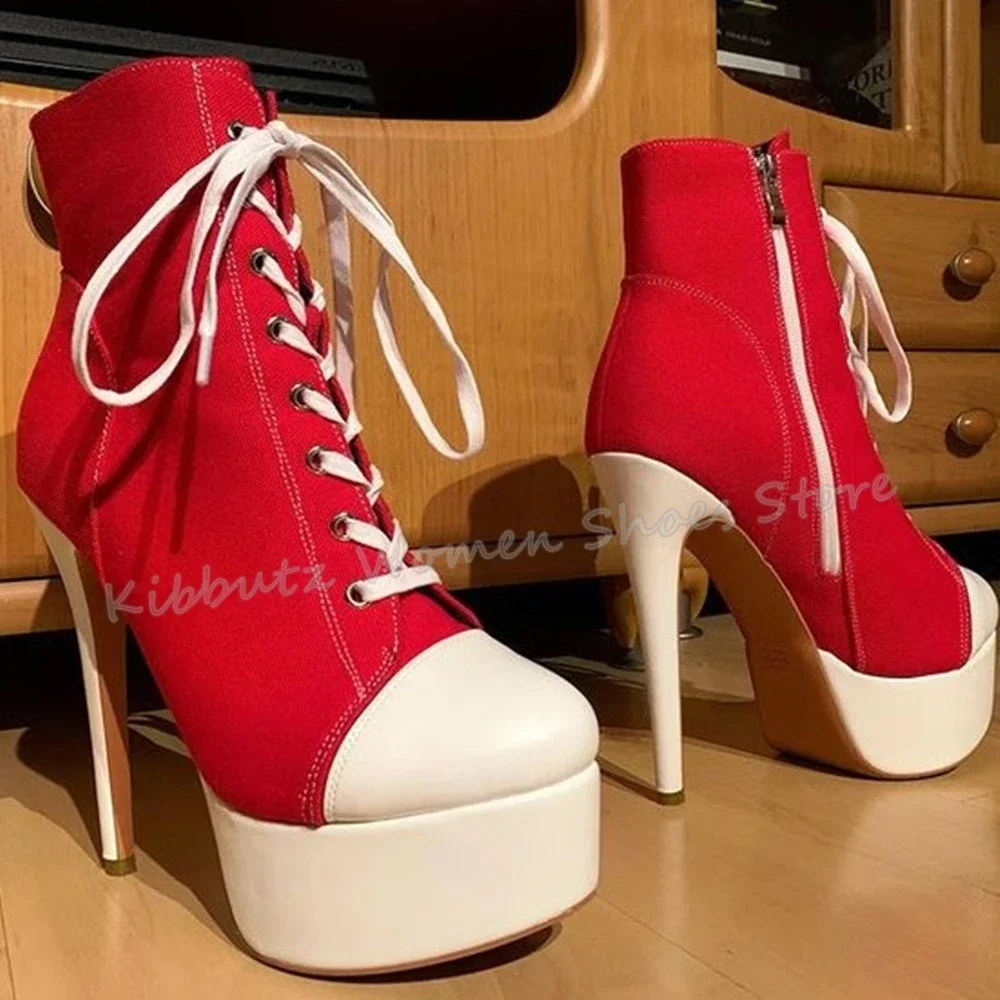 

Canvas Lace-Up Ankle Boots Platform Pointed Toe Thin Heels Mixed Color Fashion Concise Sexy Outdoor Sports Women High Shoes New
