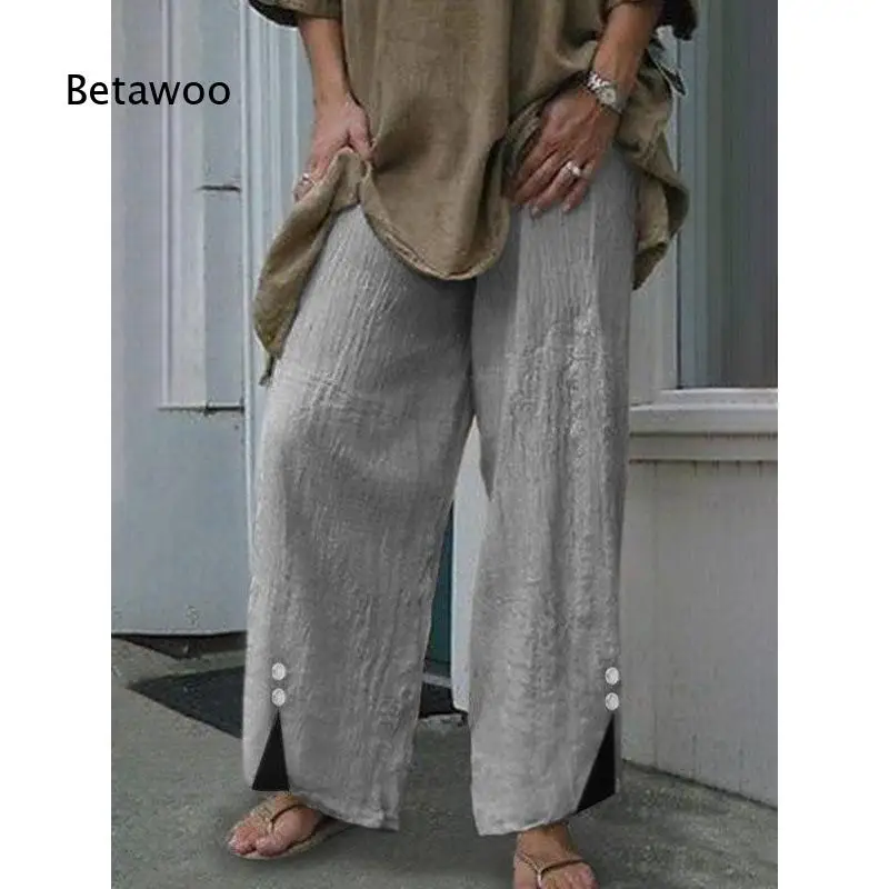 Women Loose Wide Leg Pants Side Button Split Hem Casual Elastic Waist Long Trousers for Women