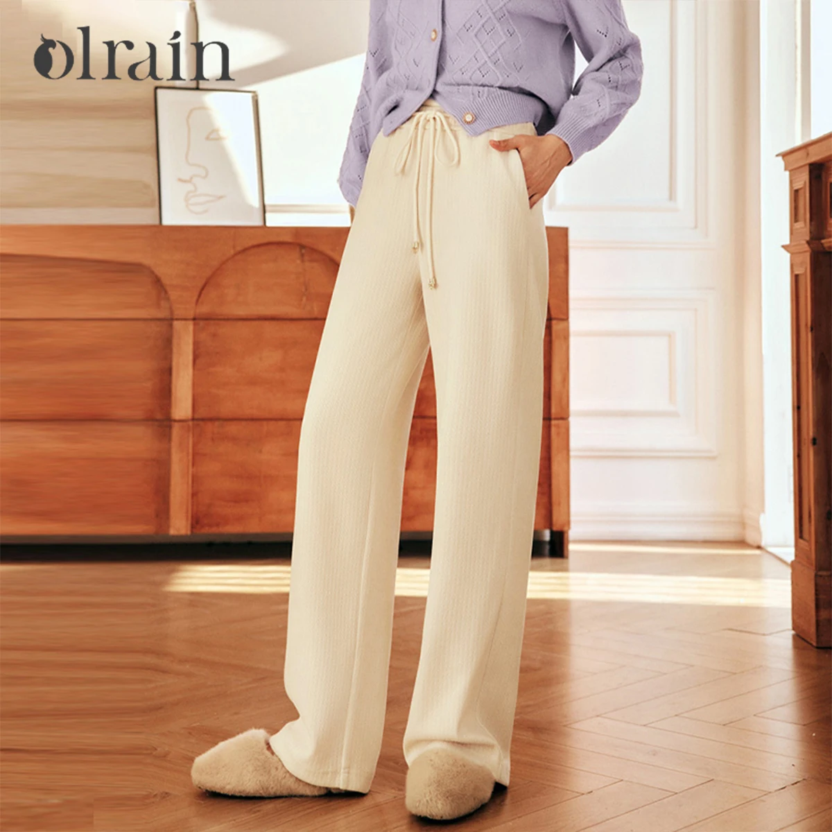

OLrain Women's Casual Pants High Waist Wide Leg Straight Solid Trousers 2025 Winter Draw String Fall Female Pants O22DK66296