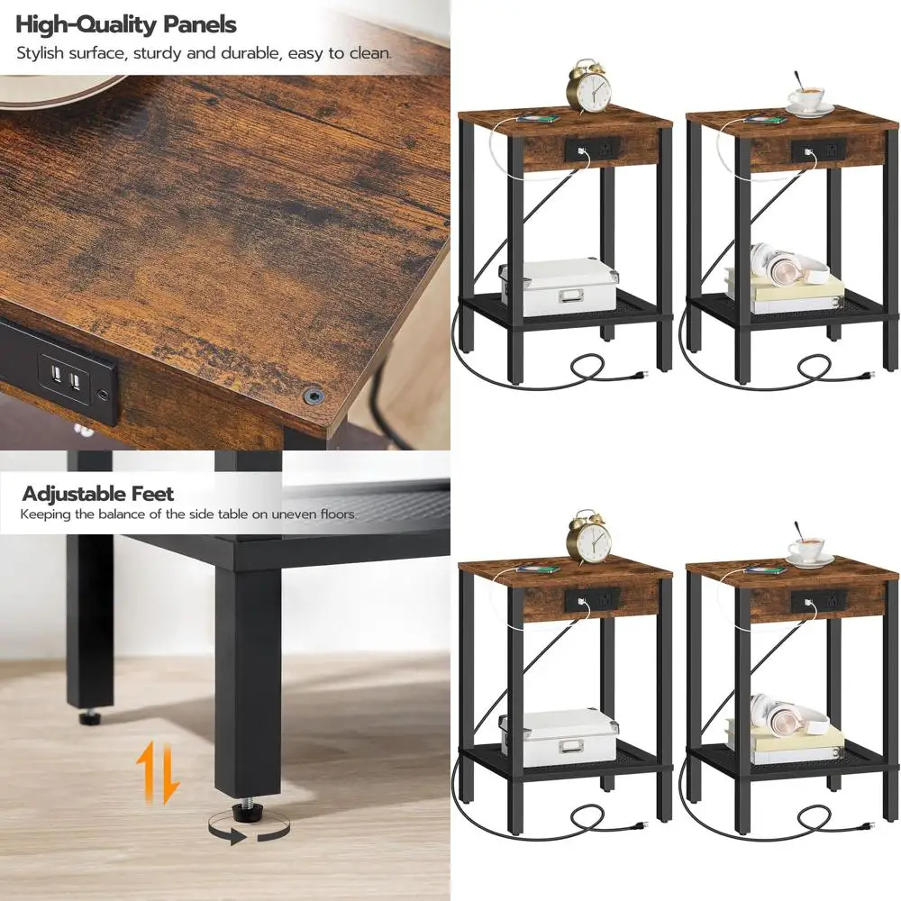 

Side Table with Charging Station, Set of 2 End Tables with USB Ports and Outlet, Nightstand with 2-Tier Storage Shelf, for Livin