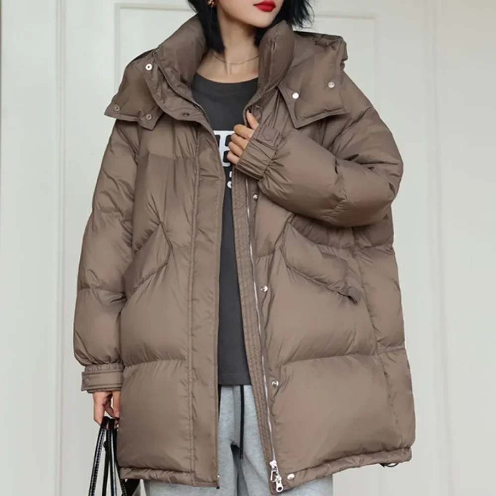

2025 New Autumn Winter Outwear Down Coat Women Warm Casual Loose Over Size Mid-Long White Duck Down Jacket Fashion Clothing